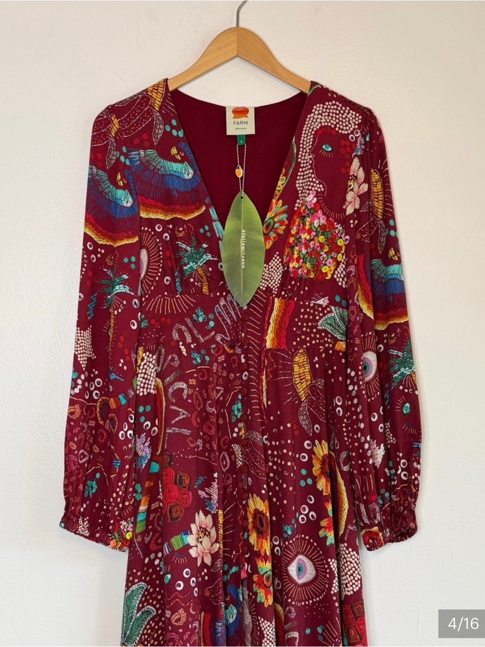 NWT FARM Rio Burgundy Borogodo Long Balloon Sleeve Maxi Dress Women’s Size Small - Picture 4 of 14